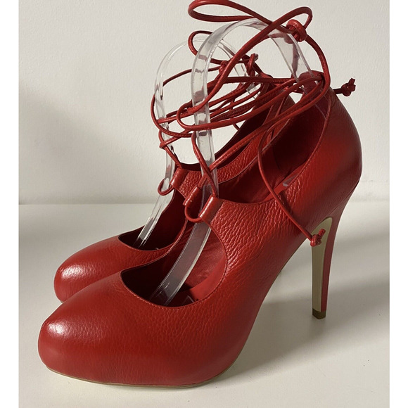 KATHRYN AMBERLEIGH Red Pump Leather 4.5" Heel Almond Toe Platform Lace U… - Picture 5 of 9
